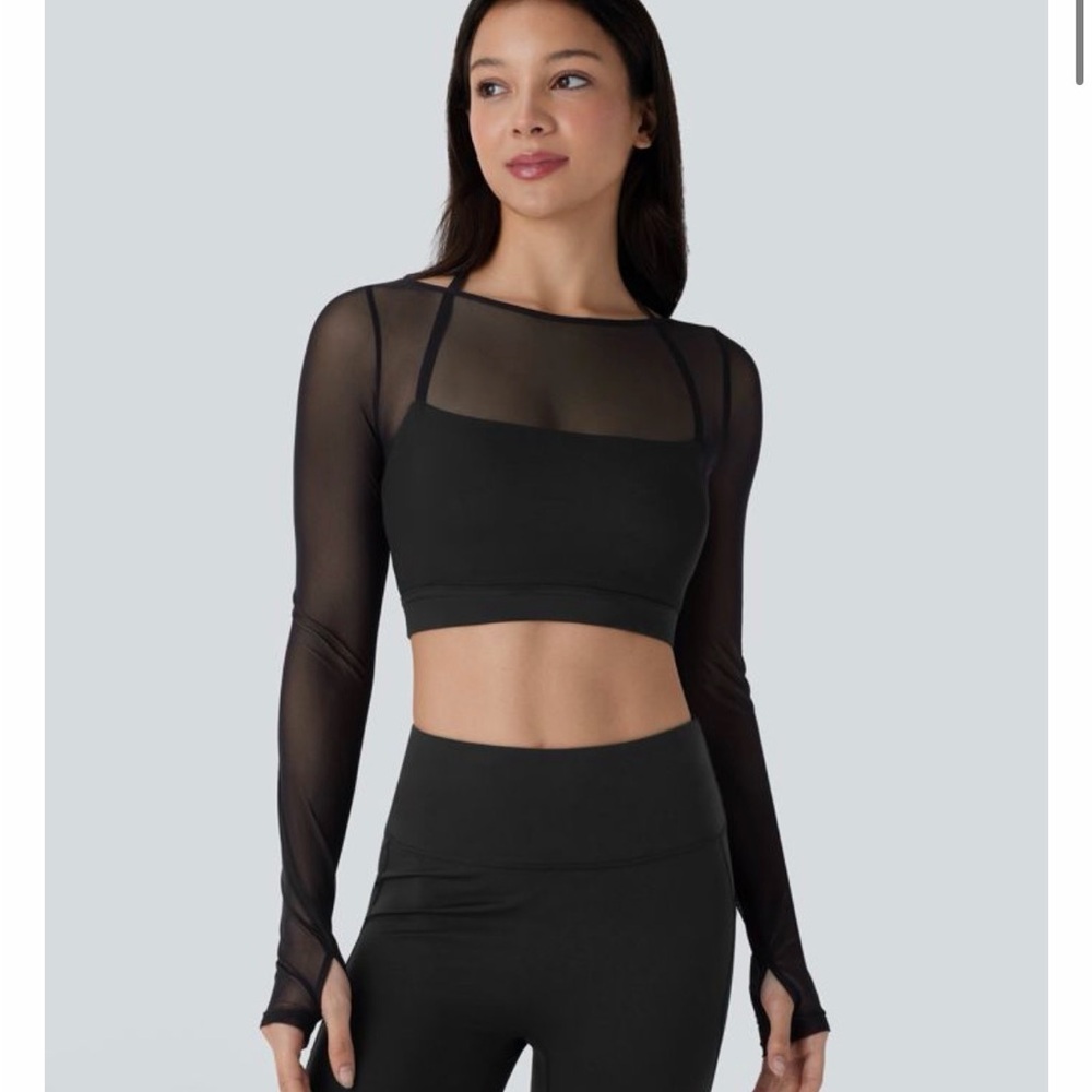 HALARA Black Sheer Long Sleeve Crop Top with thumb holes